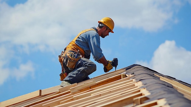 Roof Worker Building Wooden House Structure