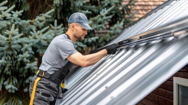 roofer installing snow guard on metal roof