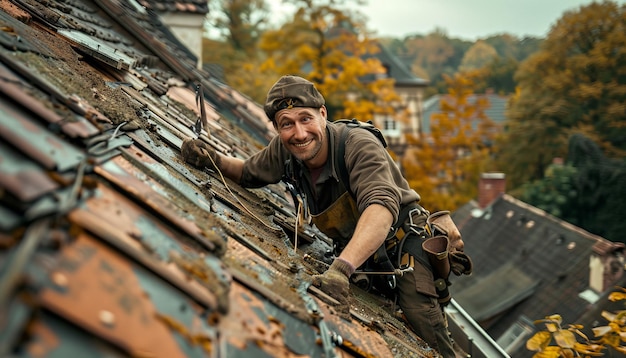 A roofer smiles into the camera while working a roof exuding confidence and experience ensuring