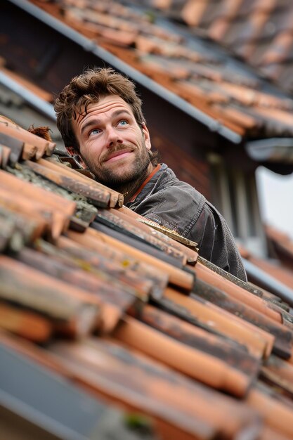 Roofer smiles on roof exuding confidence professionalism looking at the camera