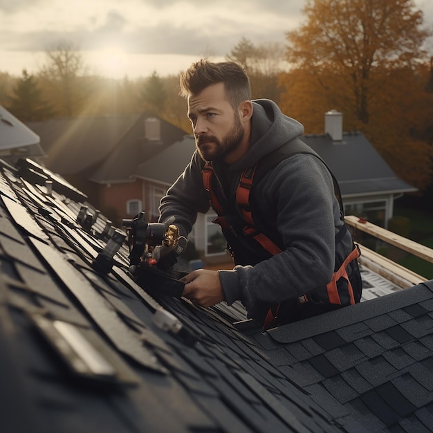 Photo roofer using a drill to fasten a cap