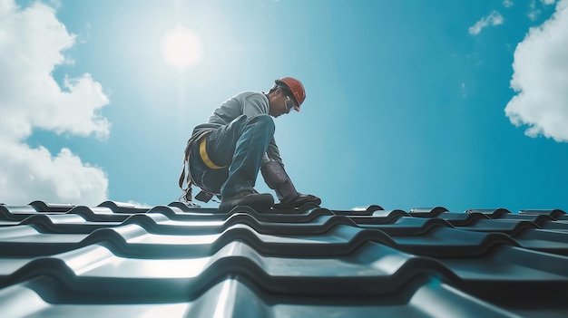 Roofer Working on Office Building Roof Roofer in Safety Gear on Office Roof