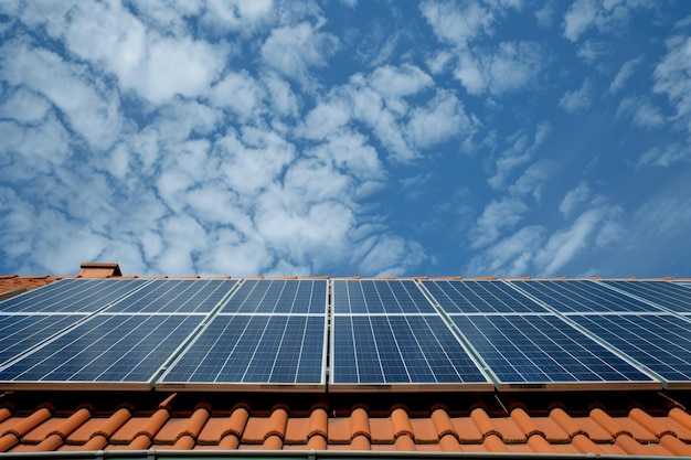 Roofmounted solar panels with blue sky and clouds in the background