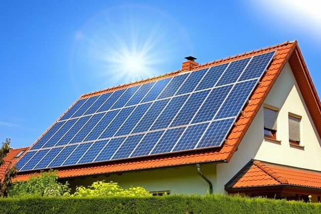 Roofmounted solar panels with blue sky and clouds in the background