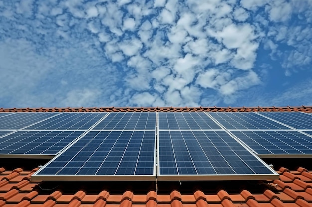 Roofmounted solar panels with blue sky and clouds in the background