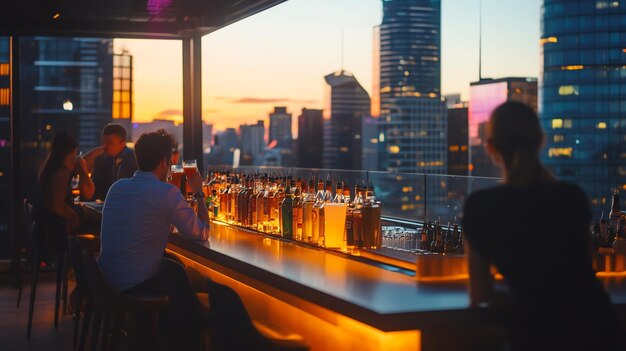 Photo a rooftop bar with a city skyline view