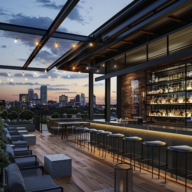 A rooftop bar with panoramic views of the city skyline