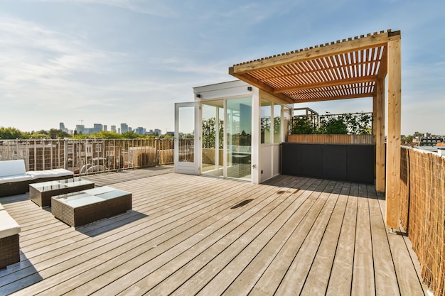 A rooftop deck with wooden floors and awning