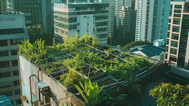 Rooftop garden atop an urban building showcasing lush vegetation and sustainable city living