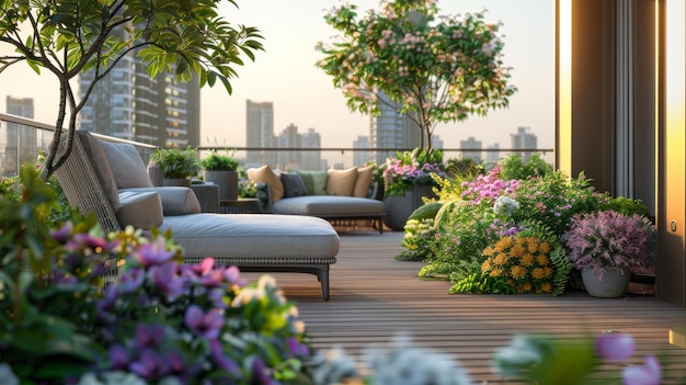 A rooftop garden on a city skyscraper