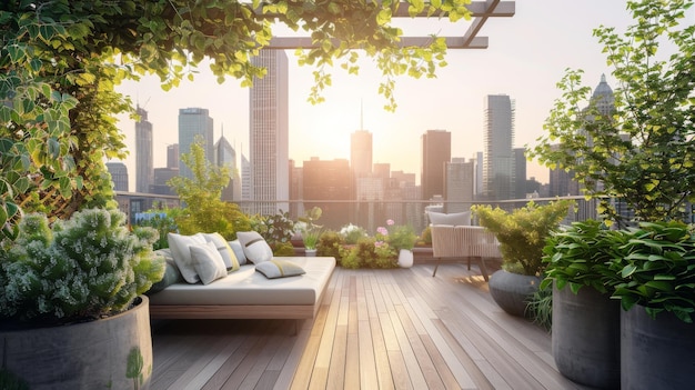 A rooftop garden on a city skyscraper