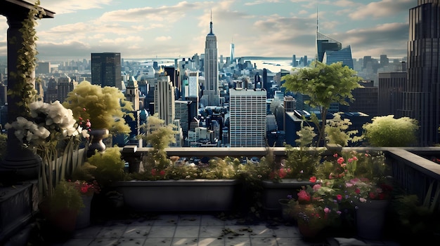 A rooftop garden oasis atop a city skyscraper