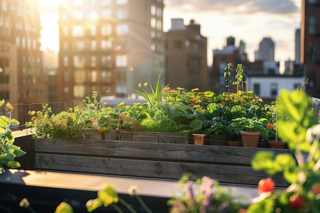 Photo a rooftop garden with fruits and vegetables growing