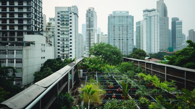 Rooftop garden with lush greenery amid a backdrop of towering urban skyscrapers on a cloudy day