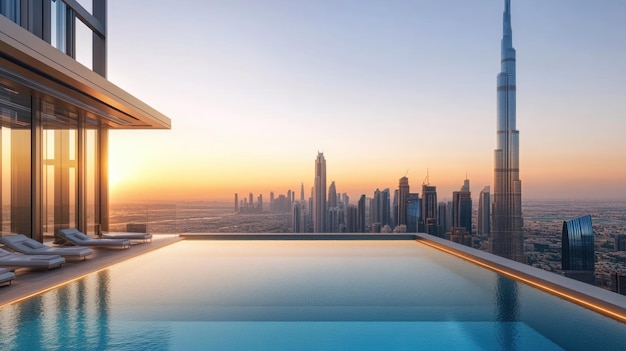 Photo rooftop infinity pool with stunning dubai skyline at sunset