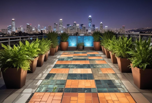 Photo rooftop landscaping stylish row of potted plants on tiled floor with city skyline view