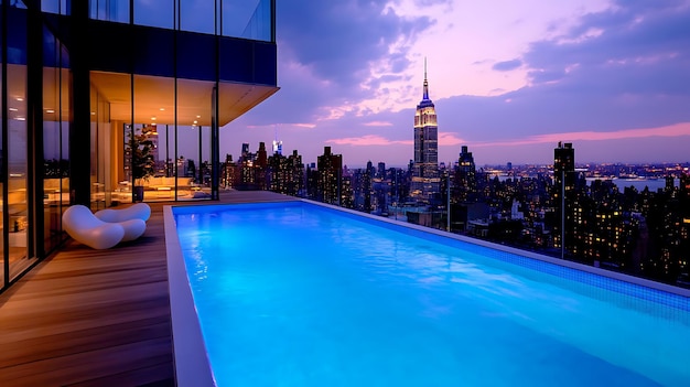 Photo rooftop oasis serene pool overlooking new york citys stunning skyline at dusk