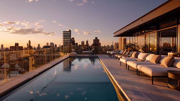 Photo rooftop pool features infinity edge with city skyline and luxurious seating