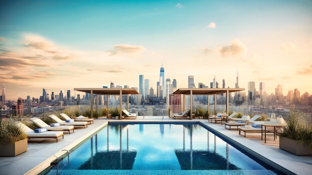 A rooftop pool oasis offering the ultimate summer urban escape with panoramic views of the city