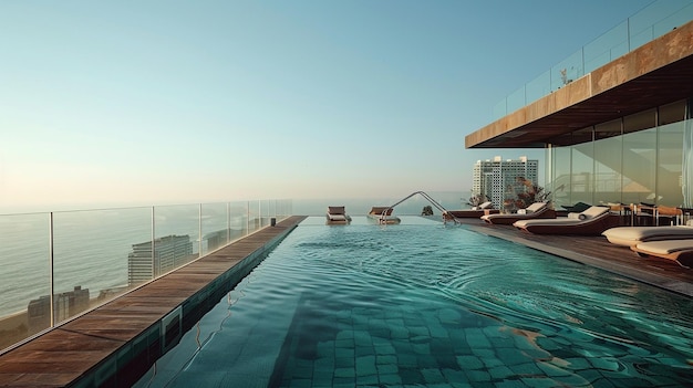 Photo rooftop pool showcasing panoramic views with stylish loungers