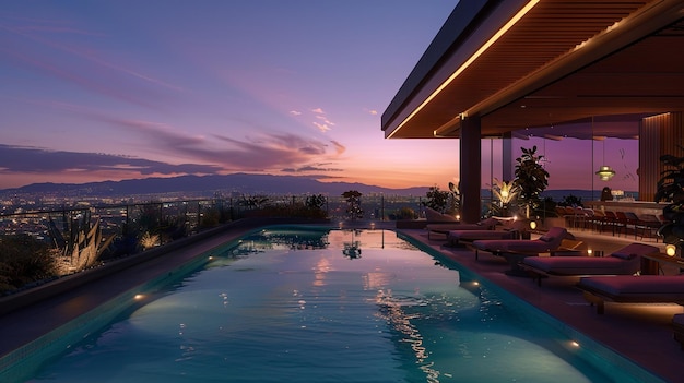 Photo rooftop pool showing stunning views with comfortable loungers and ambient lighting