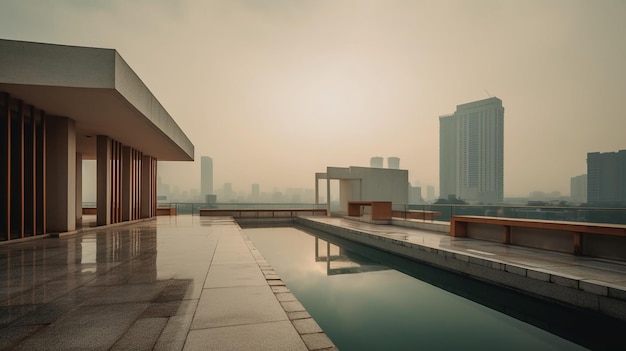 A rooftop pool with a view of the city in the background