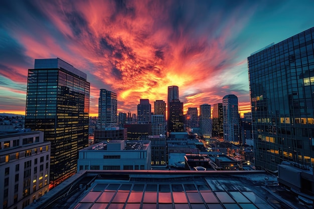 Rooftop sunset view cityscape aglow photography