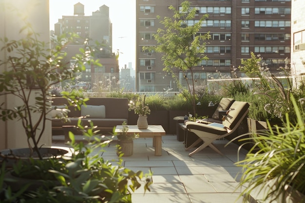 Photo a rooftop terrace with comfortable seating and lush plants captures a perfect urban oasis bathed in golden evening light