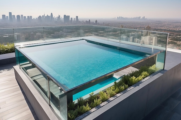 Rooftop terrace with a glassbottomed swimming pool extending over the edge of the building providing a thrilling and unforgettable experience with panoramic views