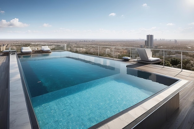 Rooftop terrace with a glassbottomed swimming pool extending over the edge of the building providing a thrilling and unforgettable experience with panoramic views