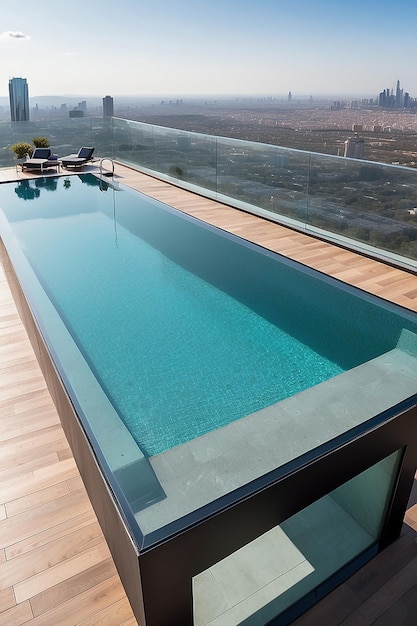 Rooftop terrace with a glassbottomed swimming pool extending over the edge of the building providing a thrilling and unforgettable experience with panoramic views