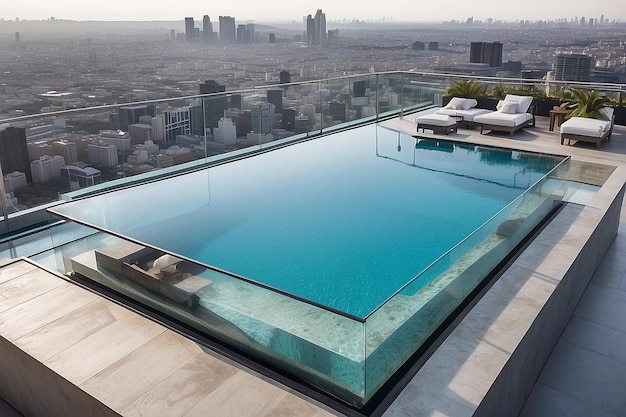 Rooftop terrace with a glassbottomed swimming pool extending over the edge of the building providing a thrilling and unforgettable experience with panoramic views