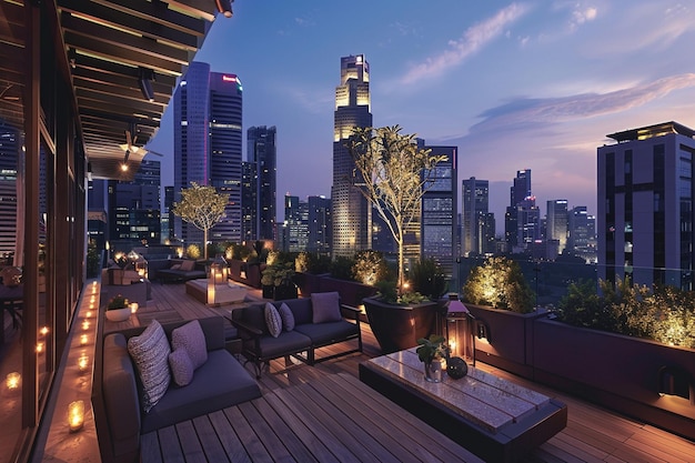 a rooftop terrace with a view of the city at dusk