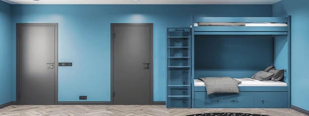 A room in blue navy colors a wall a wardrobe a door Gray bunk bed with drawers The space of a h