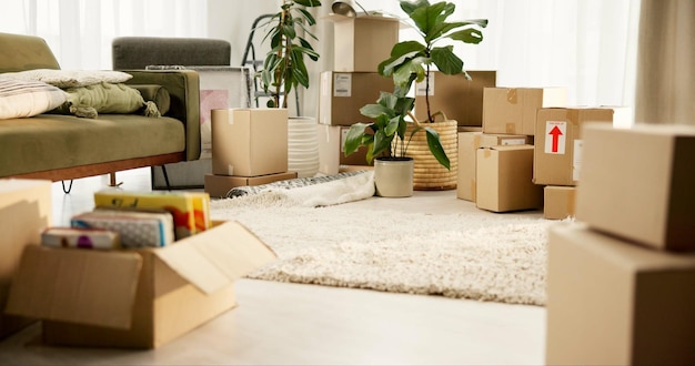 Photo room boxes and moving in house couch and investment of real estate empty and shipping of luggage furniture cardboard and new home with loan mortgage and property of apartment and relocation