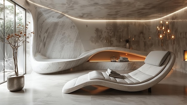 The room breathes modern tranquility where curves blend with minimalist luxury