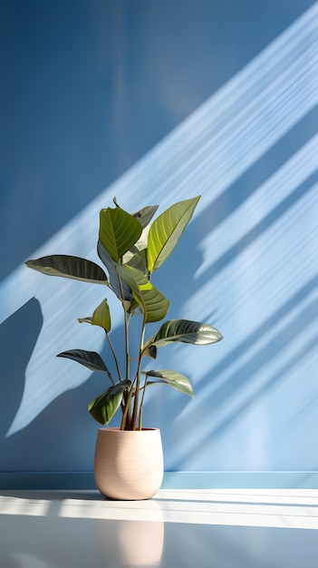 A room in a building full blue wall brightly lit in the middle there is only a green plant in a p