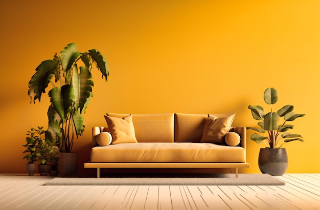 A room contains yellow sofa and several plants