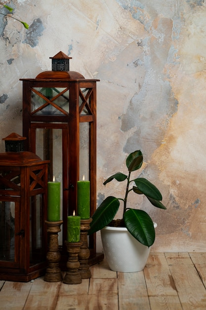 Room decor with potted plant and lanterns