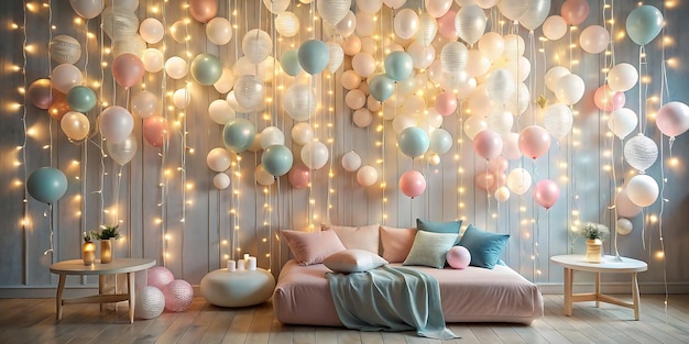 a room decorated with balloons and lights