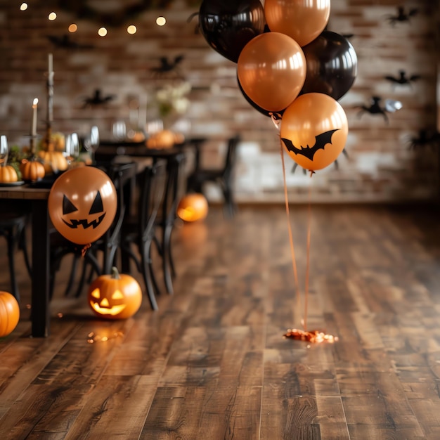 A room decorated with Halloween banners balloons and table settings