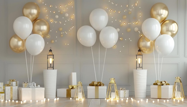 Photo a room decorated with white balloons and gold decorations