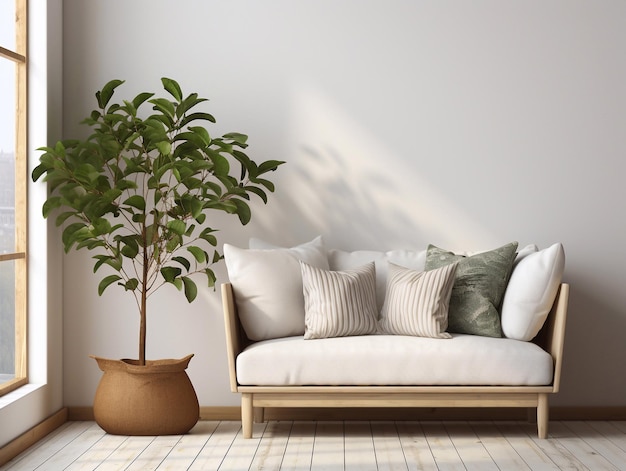 Room design with light furniture white pillow pillow mockup on a light sofa