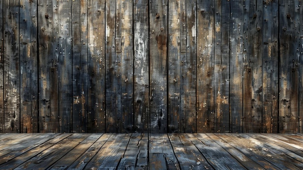 The room features a weathered wooden wall and floor bathed in soft natural light