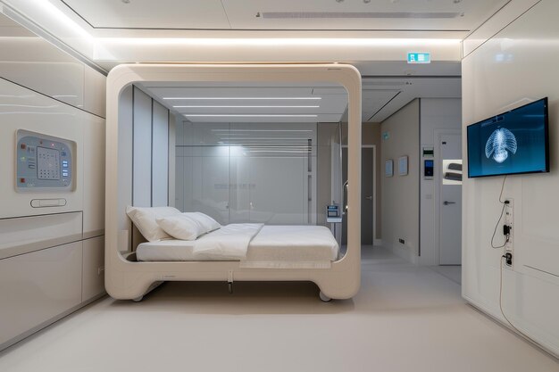 Photo a room featuring a bed and a television advanced technology integrated seamlessly into the design