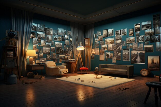 A room featuring a movie camera and a wall covered in pictures