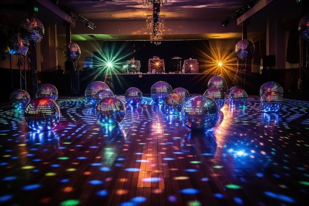 A room filled with disco balls and disco lights