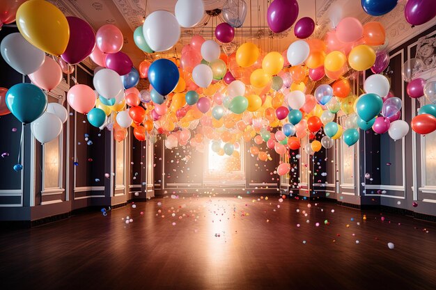 A room filled with lots of balloons and confetti