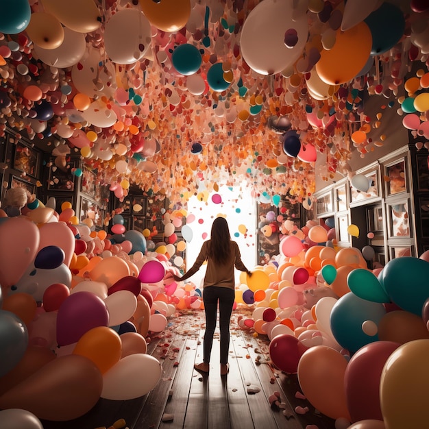 a room filled with lots of balloons and confetti