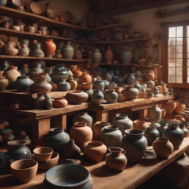 Room filled with lots of pottery on top of a table generative ai